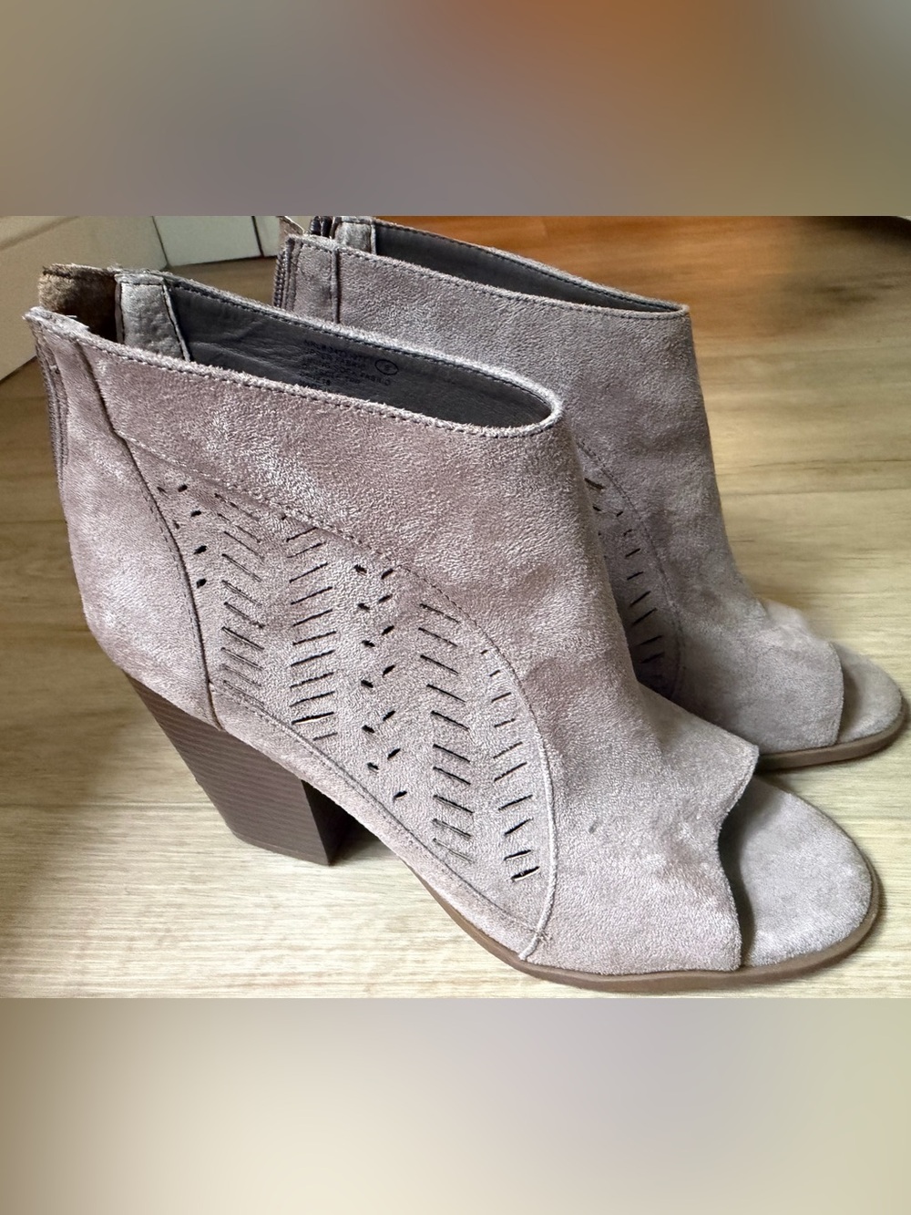 Not Rated Taupe Suede Peep-Toe Ankle Booties with Block Heel